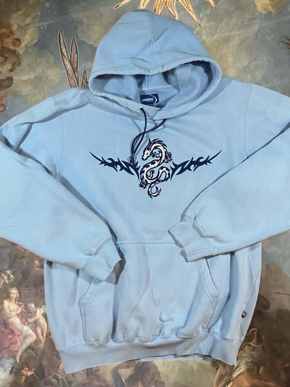 Men's Light Blue Dragon Graphic Pullover Hoodie